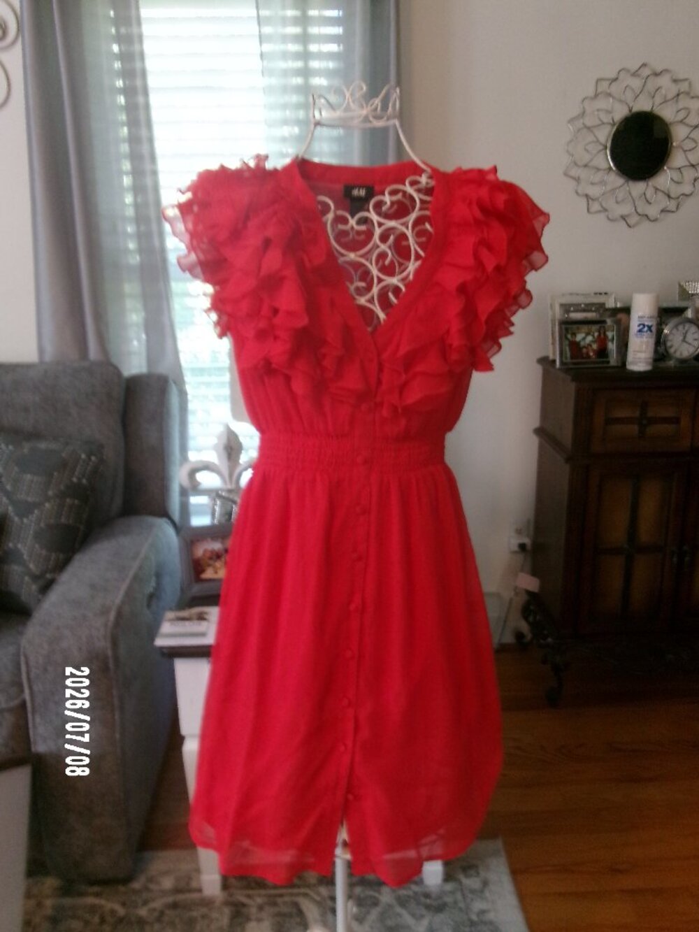H&M Ruffle Front 1/2 Button Sleeveless Soft Tomato Red Shirtdress Size 4